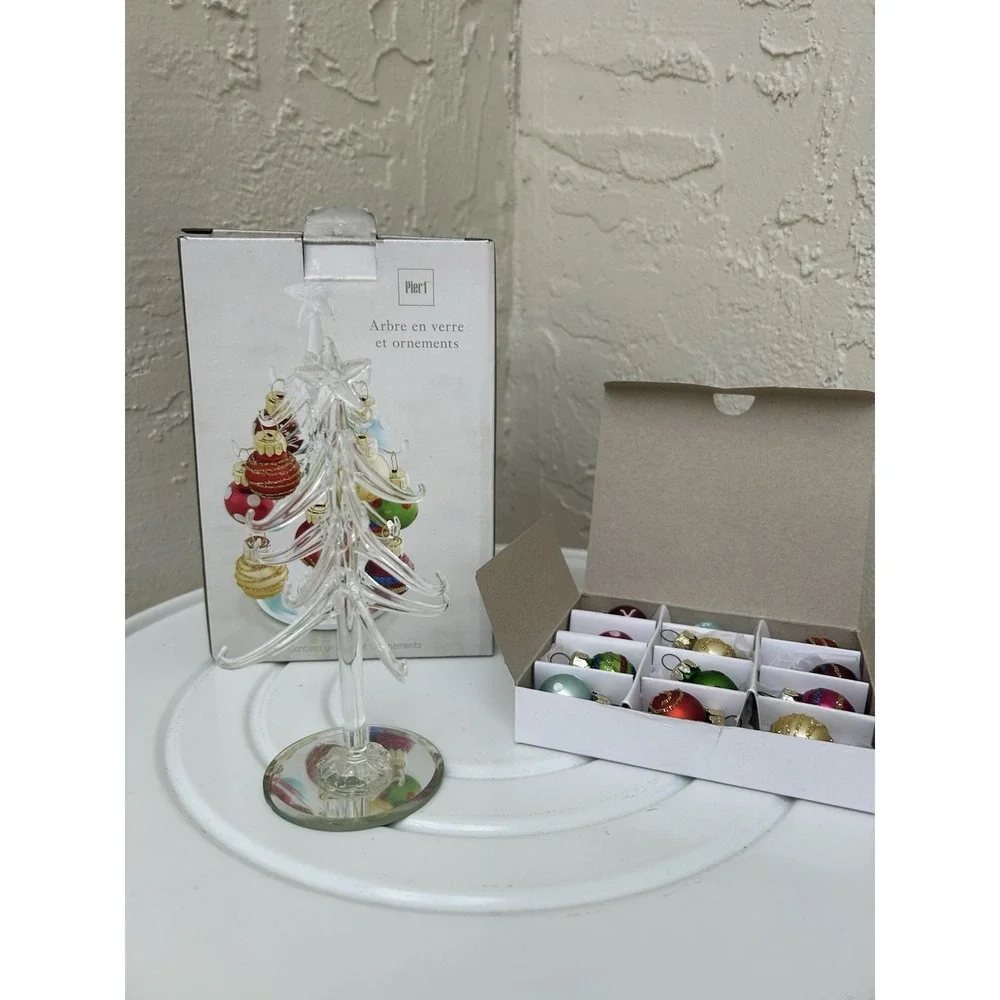 Pier 1 Mini Glass Tree with 12 Christmas Ornaments Holiday Decor 6